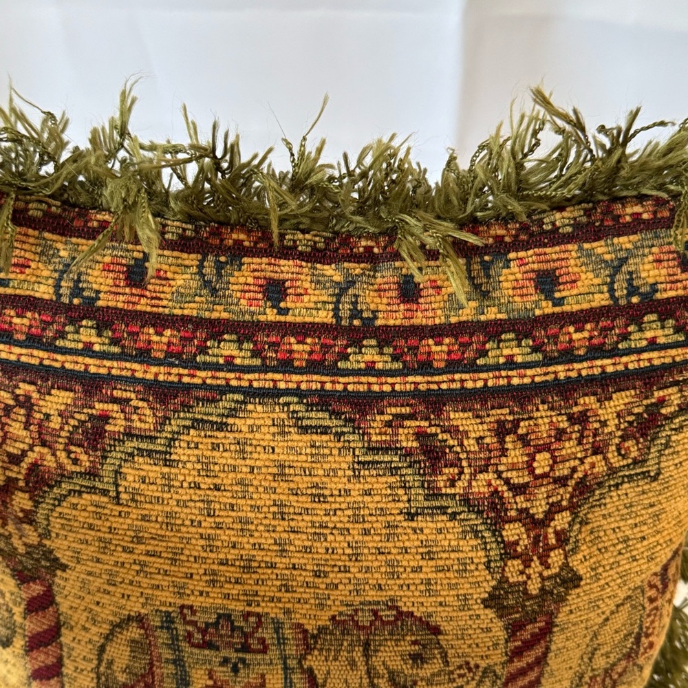 Vintage Decorative Elephant Tapestry Pillow Green Burgundy Square 11.5” Fringe - Picture 11 of 12